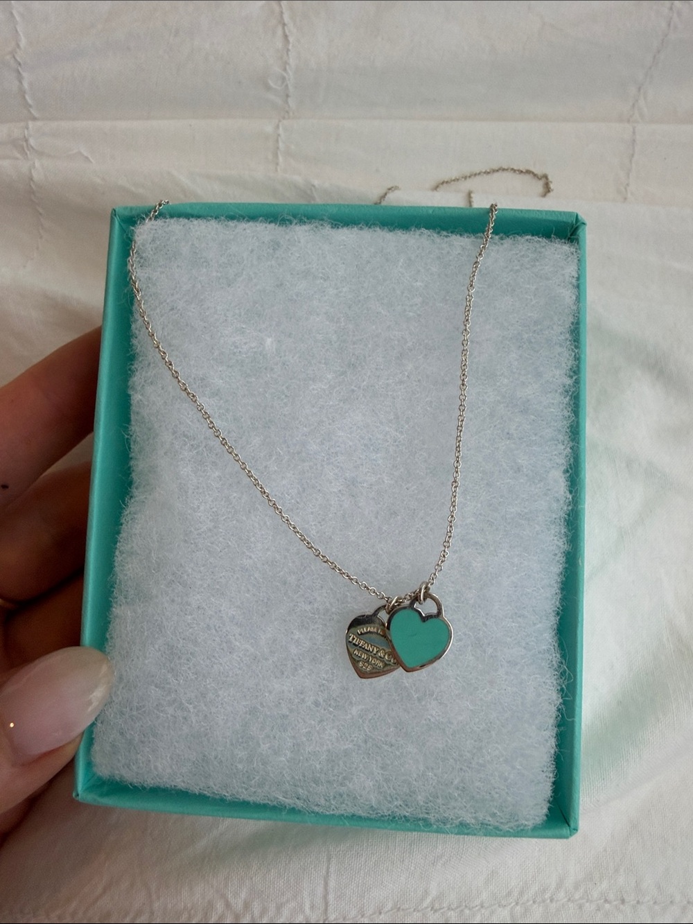 Tiffany & Co. Turquoise Enamel Double Heart Necklace - Silver